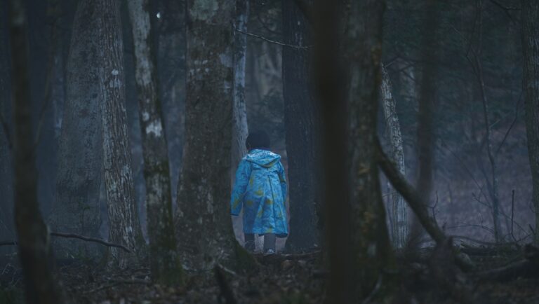 NYAFF: Missing Child Videotape still. Child in blue raincoat walks in dark woods. Horror film scene.