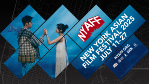 New York Asian Film Festival 2025 poster. July 11-27. Man and woman with blue background. NYAFF.org.