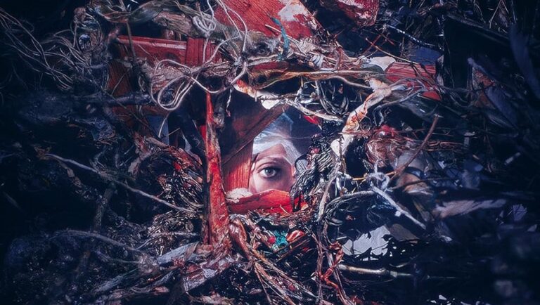 Film review image: Woman's eye peeks through debris. Dark, mysterious, and intriguing movie still.