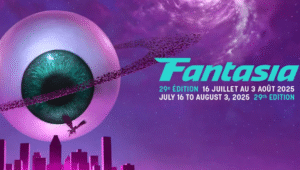 Fantasia Film Festival poster. Eye planet, city skyline, and flying creature. Purple cosmic background.