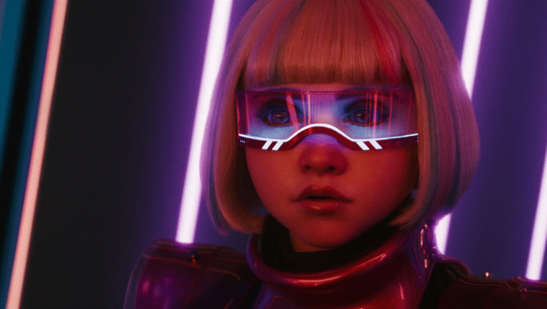 M3GAN movie character. Blonde bob, visor glasses, and red outfit. Sci-fi, futuristic.