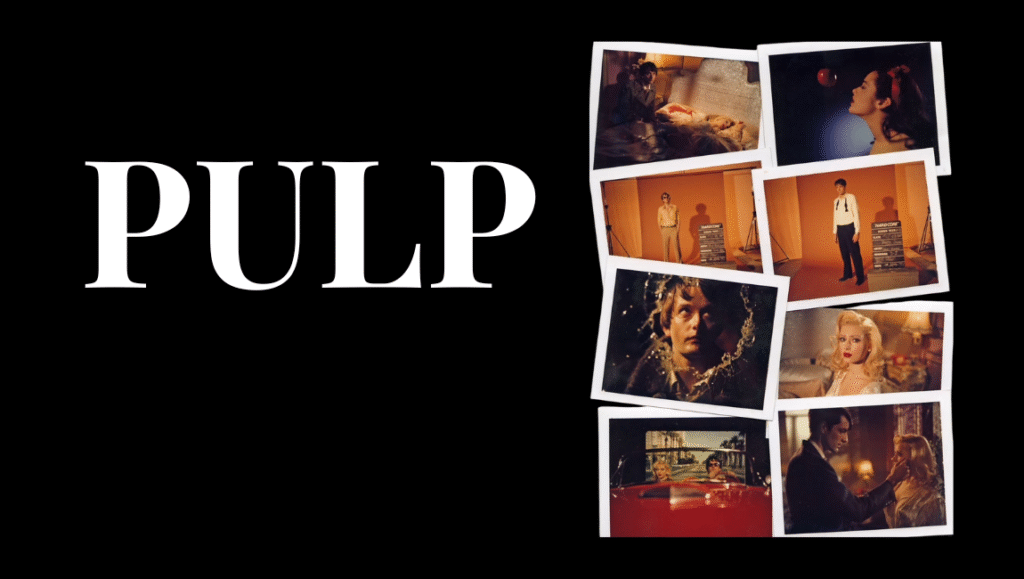 Pulp band promo image. Features the band name in bold, alongside Polaroid-style photos of band members.