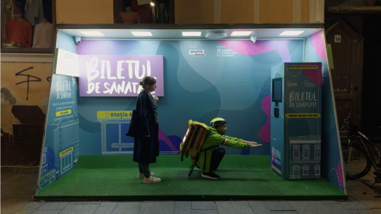 FIDMarseille 2025 film review: Kontinental '25. Art installation with people interacting. Biletul de Sanatate sign.