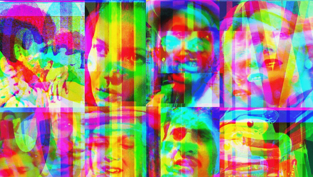 Colorful abstract portrait collage. Faces, patterns, and vibrant hues blend in a modern art style.
