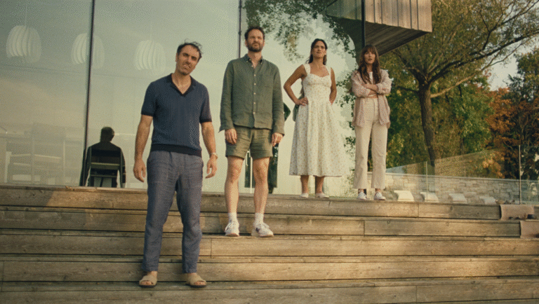 Group of four people on wooden steps. Two women, two men, casual summer style. Outdoor setting.