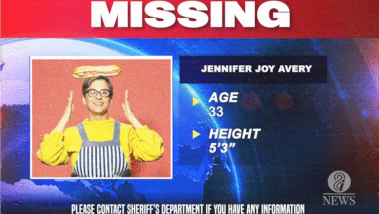 Missing person: Jennifer Joy Avery, age 33, height 5'3. News graphic. Contact Sheriff's Department with information.
