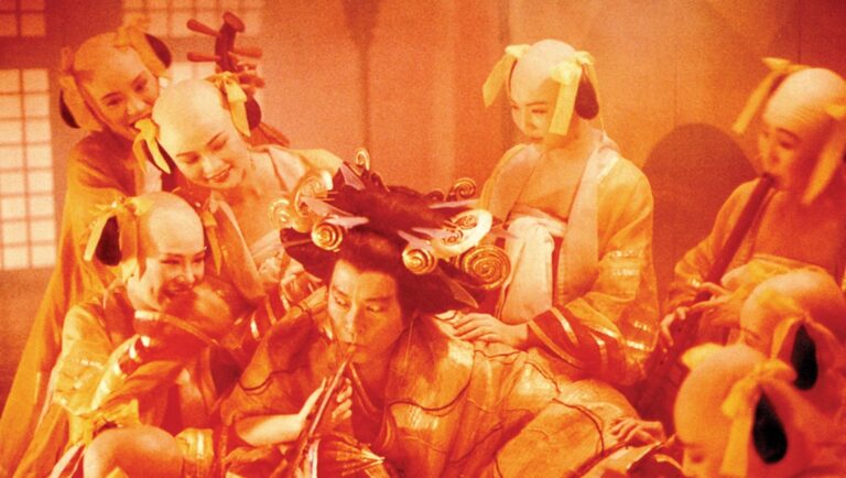A Chinese Ghost Story III film scene. Actors in costume, makeup, and ornate headwear. Fantasy movie still.
