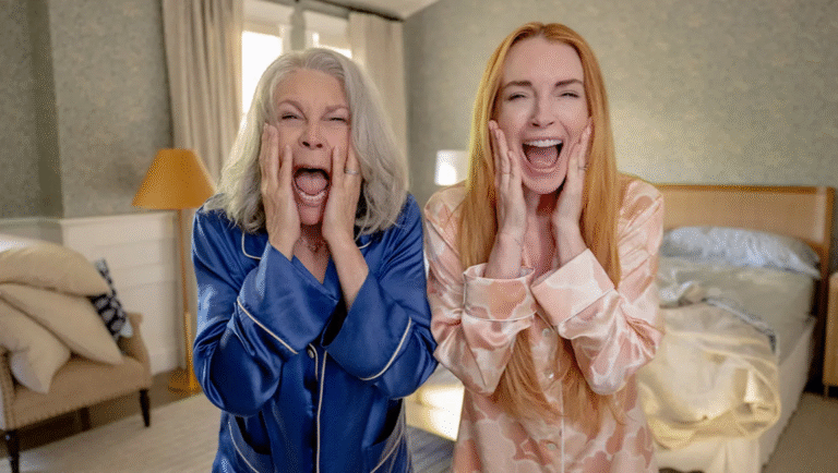 Jamie Lee Curtis and Lindsay Lohan in pajamas, screaming with hands on their faces.