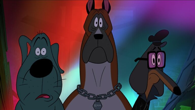 Cartoon dogs looking surprised. Rocco the dog wears a chain. Animation art. Funny dogs.