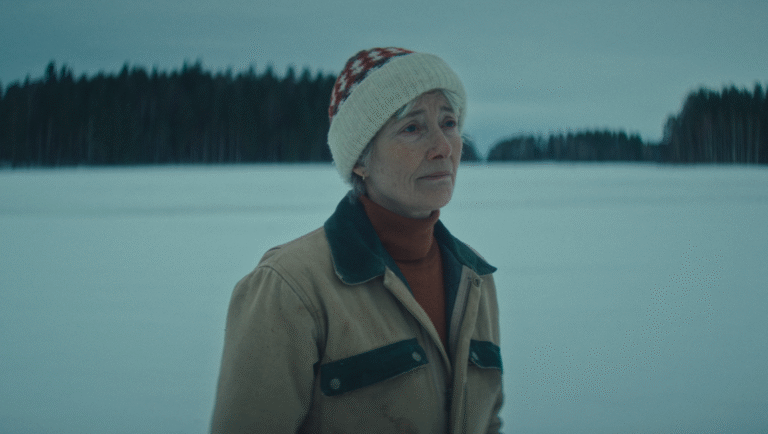 Winter scene: Woman in hat and jacket stands in a snowy landscape, looking thoughtful. Cold weather.