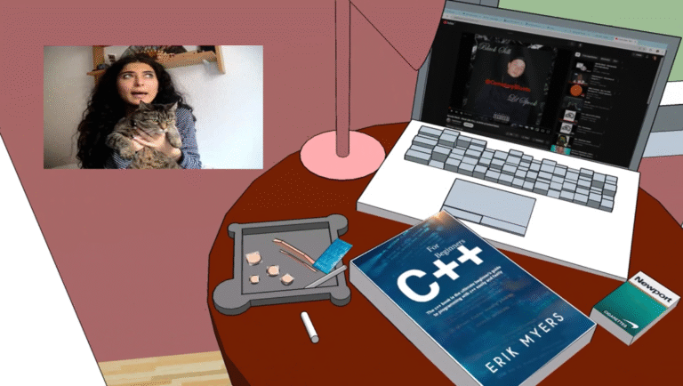 FIDMarseille 2025 — Dispatch 4: Selected Short Films Cartoon still life: laptop, C++ book, cigarettes, ashtray. Woman holding a cat on a screen in the background.