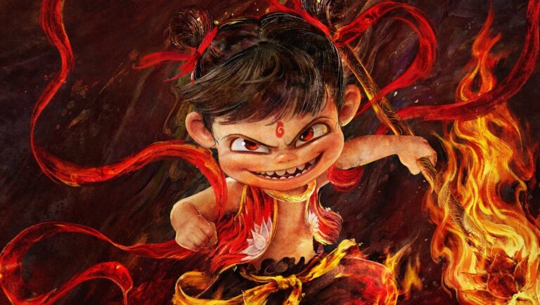 Illustration of Nezha, a Chinese mythological figure, with red ribbons and flames. Fierce expression.