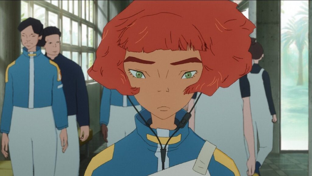 Anime girl with red hair and green eyes. Great Pretender style. Rita character. Cartoon animation.