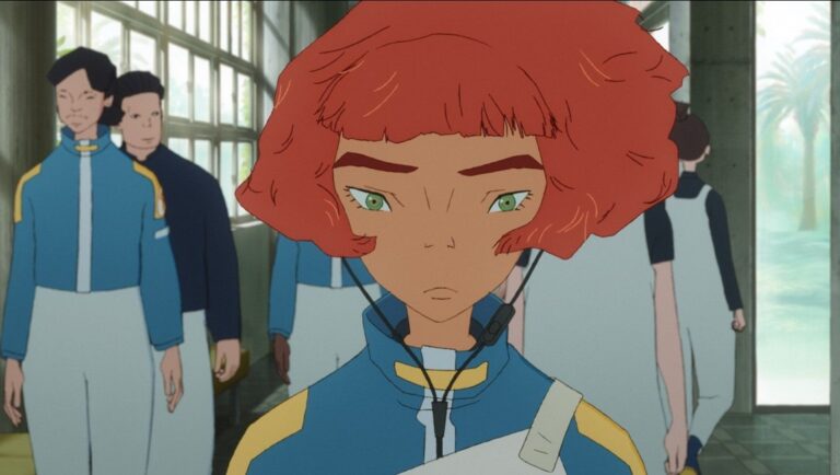 Anime girl with red hair and green eyes. Great Pretender style. Rita character. Cartoon animation.