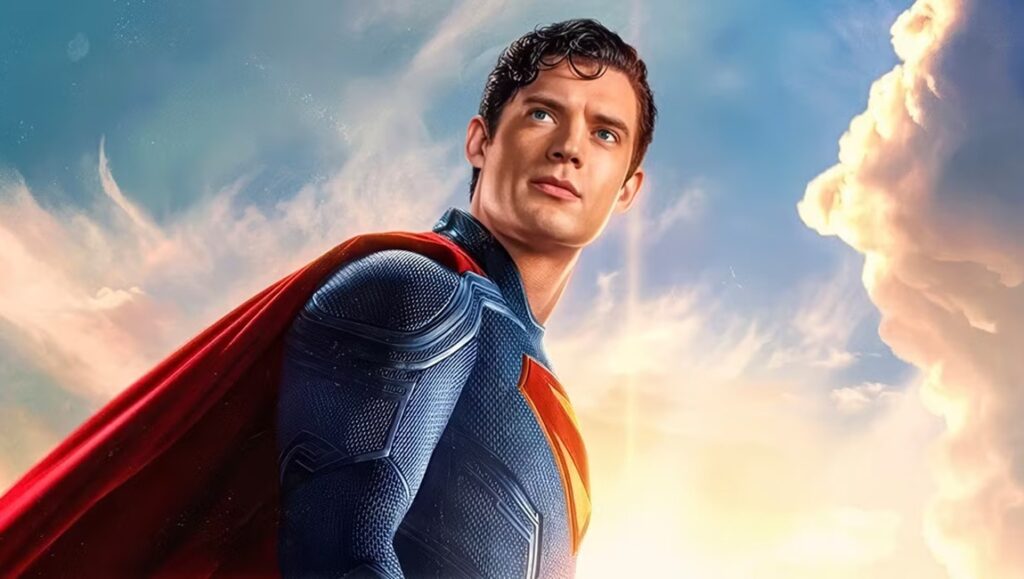 David Corenswet as Superman. New Superman movie. Man of Steel with red cape and blue suit.